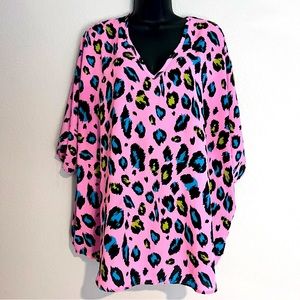 Adrienne Pink, Green and Blue Leopard Print Blouse S